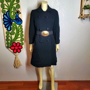 Vintage 60s Black Coat Double Breasted Ribbed